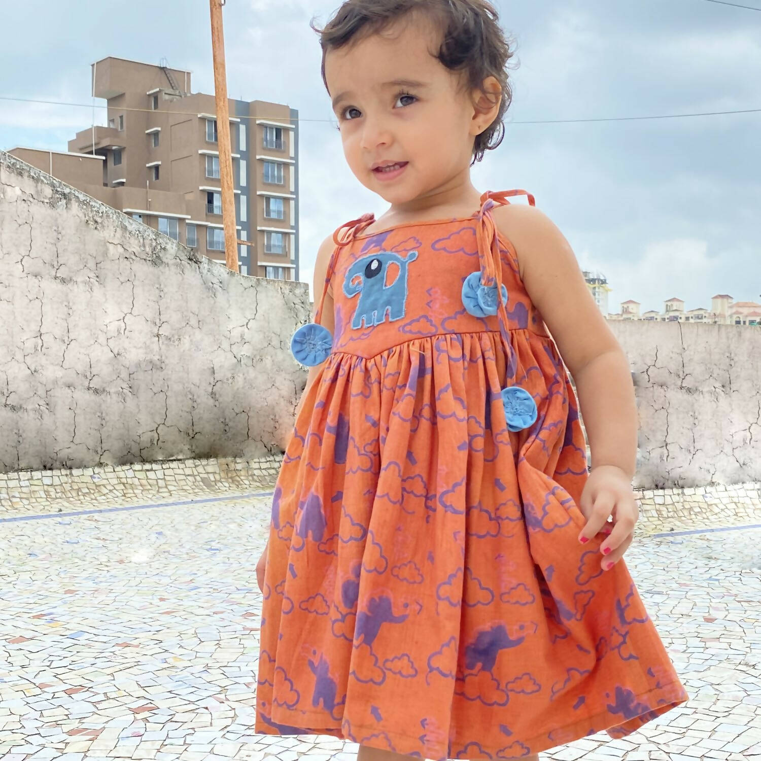 Mhyssa Pleated Sleeveless Orange and Blue Round Neck Frock | Grocsy