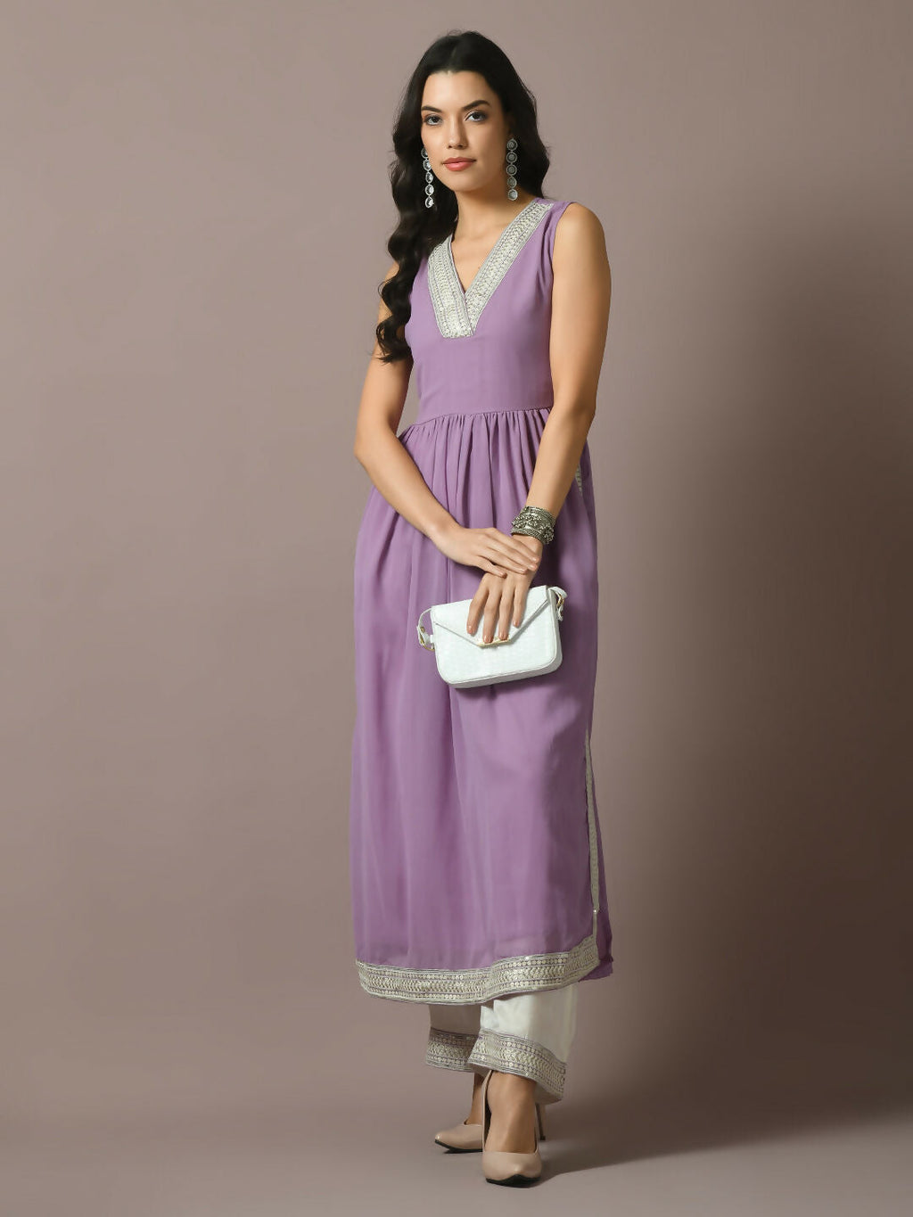 Myshka Women's Lavender Solid Georgette Anarkali Party Kurta Set | Grocsy