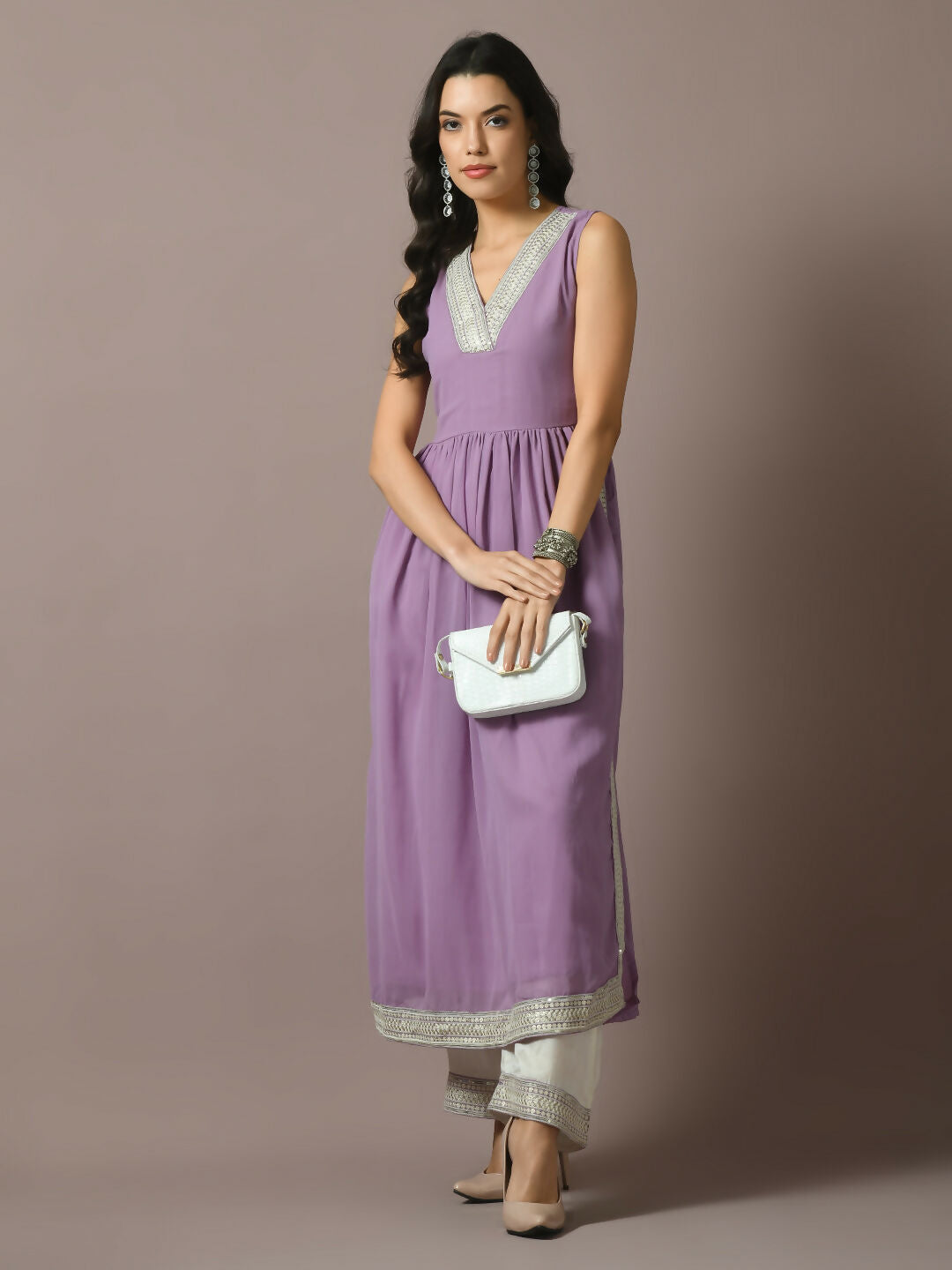 Myshka Women's Lavender Solid Georgette Anarkali Party Kurta Set | Grocsy