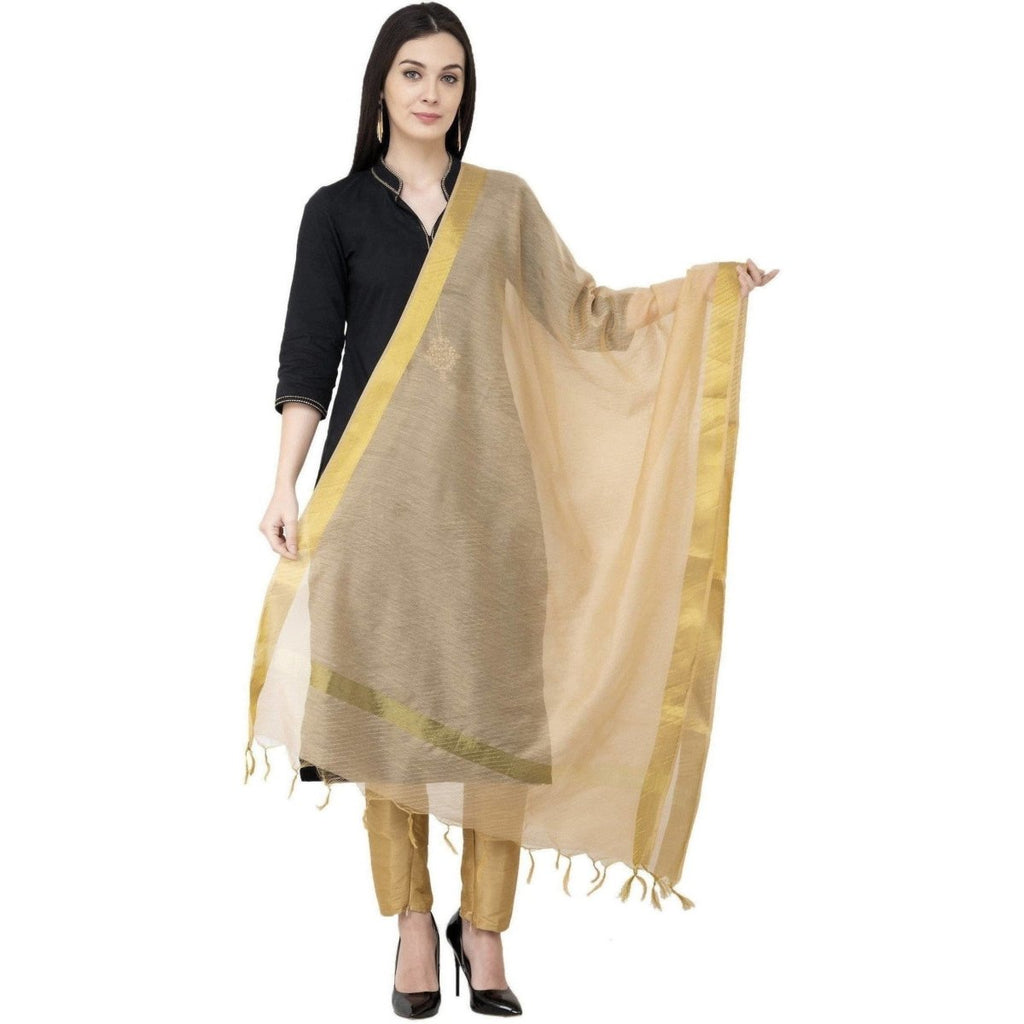A R Silk Chanderi Chhoda Patta Regular Dupatta Golden Color Dupatta or Chunni | Grocsy