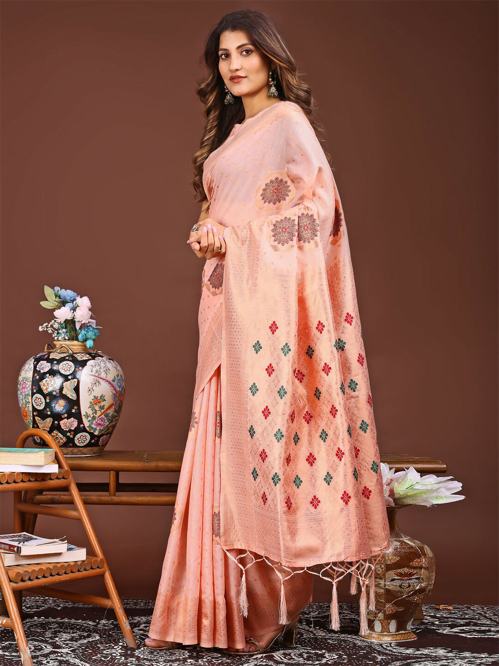 Shree Shyam Fashion Neerja Peach Linen Cotton Saree | Grocsy
