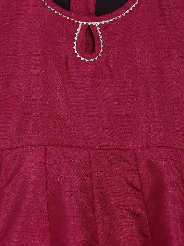 Ahalyaa Wine Poly Silk Curved Kids Kurta Palazzo Set With Bottom For Girls | Grocsy