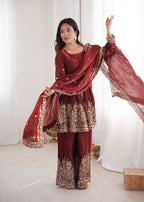 Teeya Creation Maroon Color Fendy Satin Silk Embroidery Work Party Wear Salwar Suit | Grocsy
