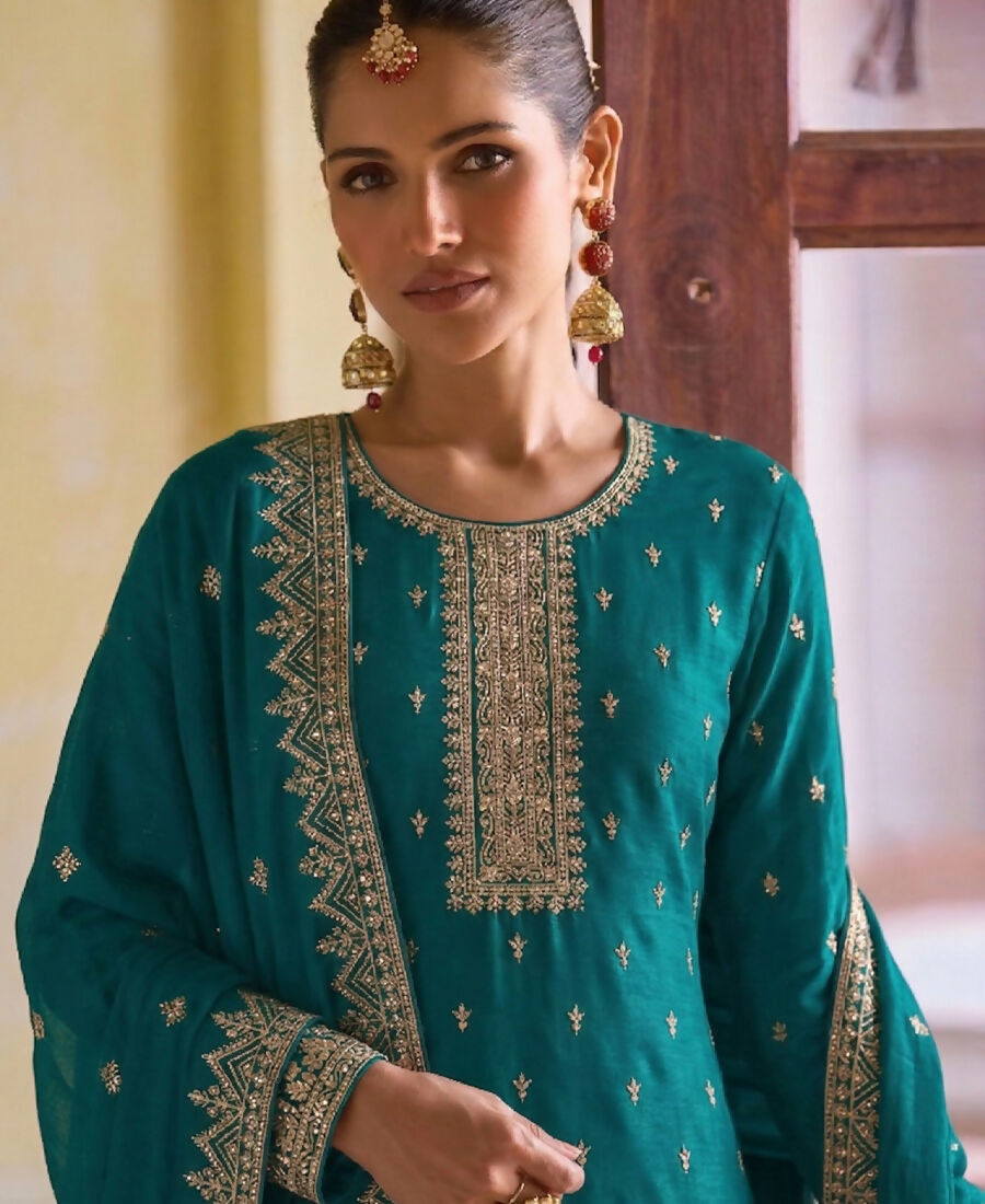 KC Aqua Blue Georgette Straight Suit With Heavy Embroidery | Grocsy