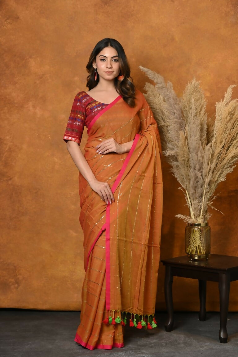 Very Much Indian Designer Mul Cotton Handloom Saree with Sequins - Orange | Grocsy