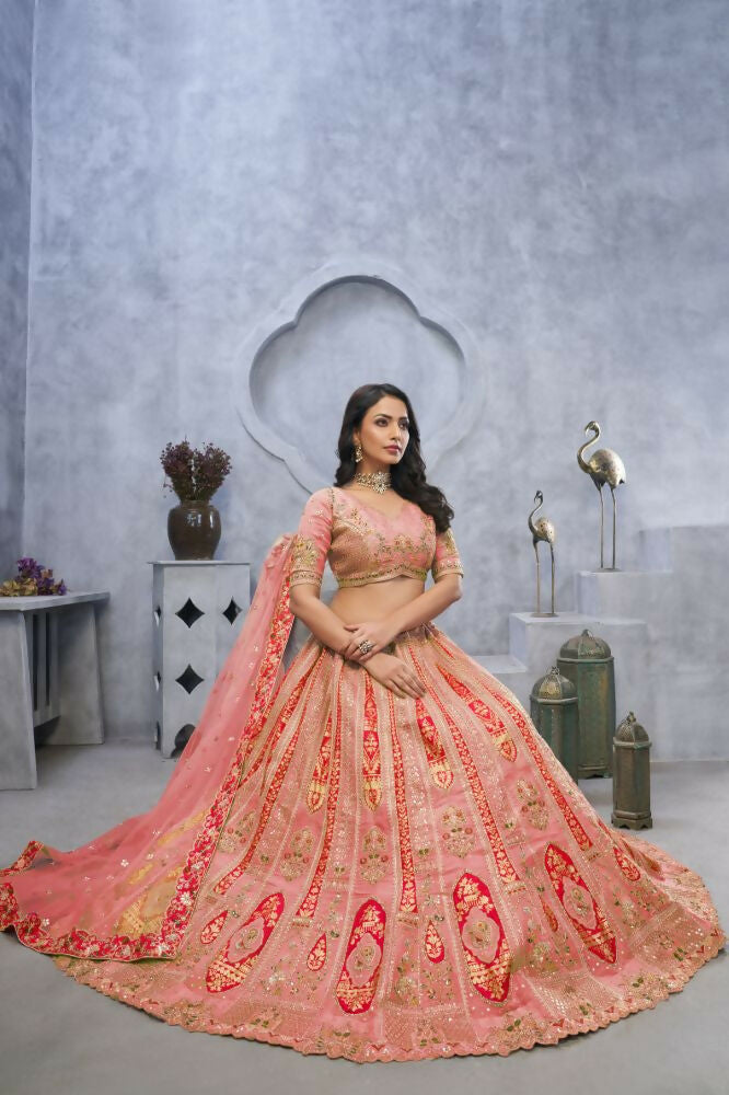 Kesar Fab Pink Organza Embroidered Lehenga | Grocsy