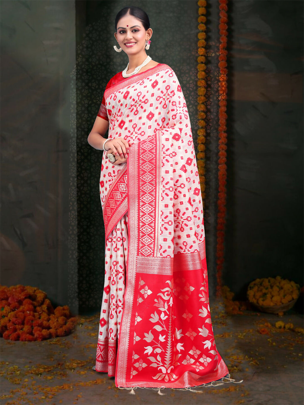 Shree Shyam Fashion Devistuti Red White Linen Cotton Saree | Grocsy