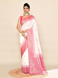 Joban Fashion White & Rani Pink Plain With Weaving Border Banarasi Silk Sarees | Grocsy