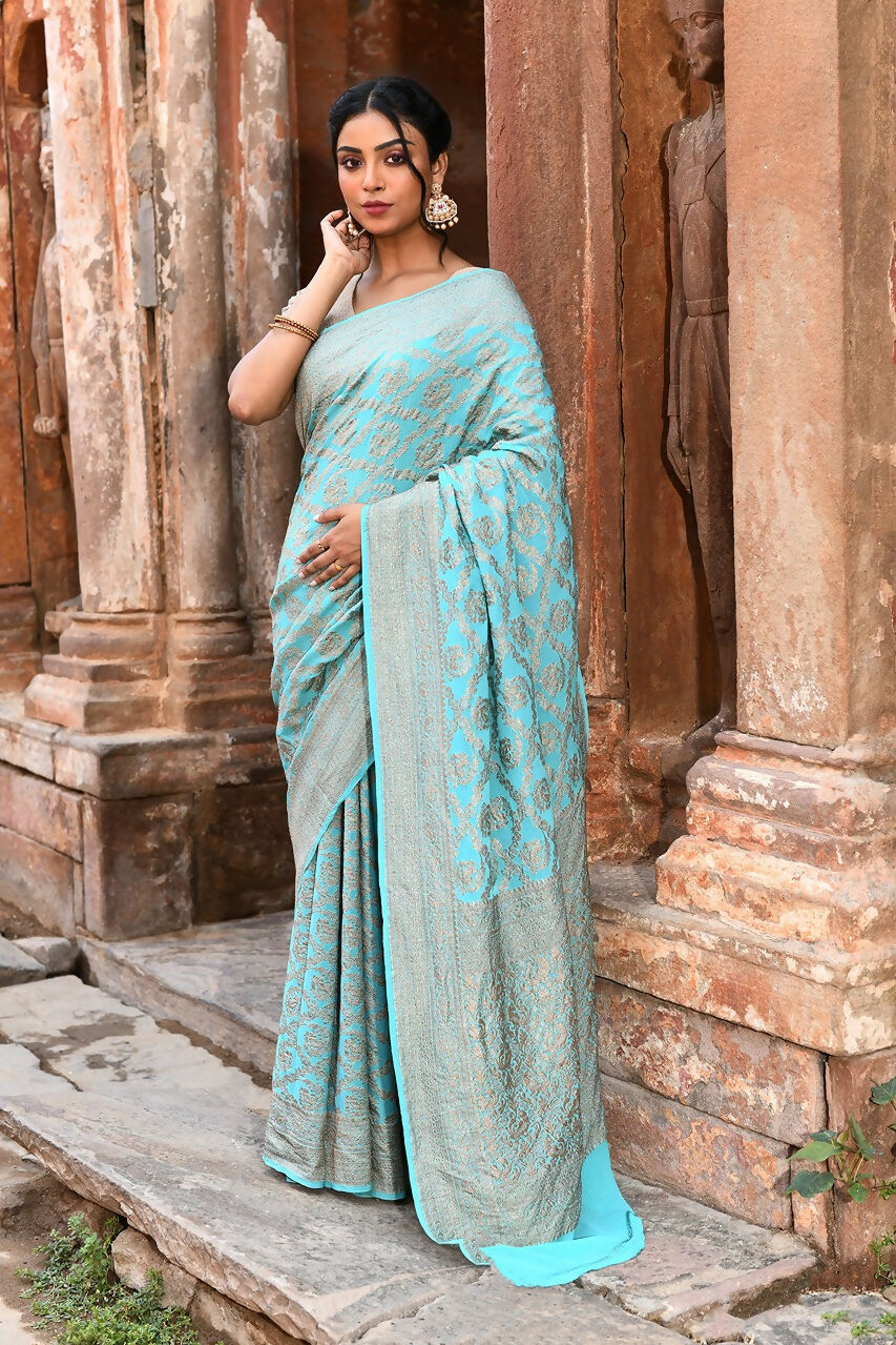 Joban Fashion Teal Green Crepe Chiffon Pure Handloom Banarasi Silk Saree | Grocsy