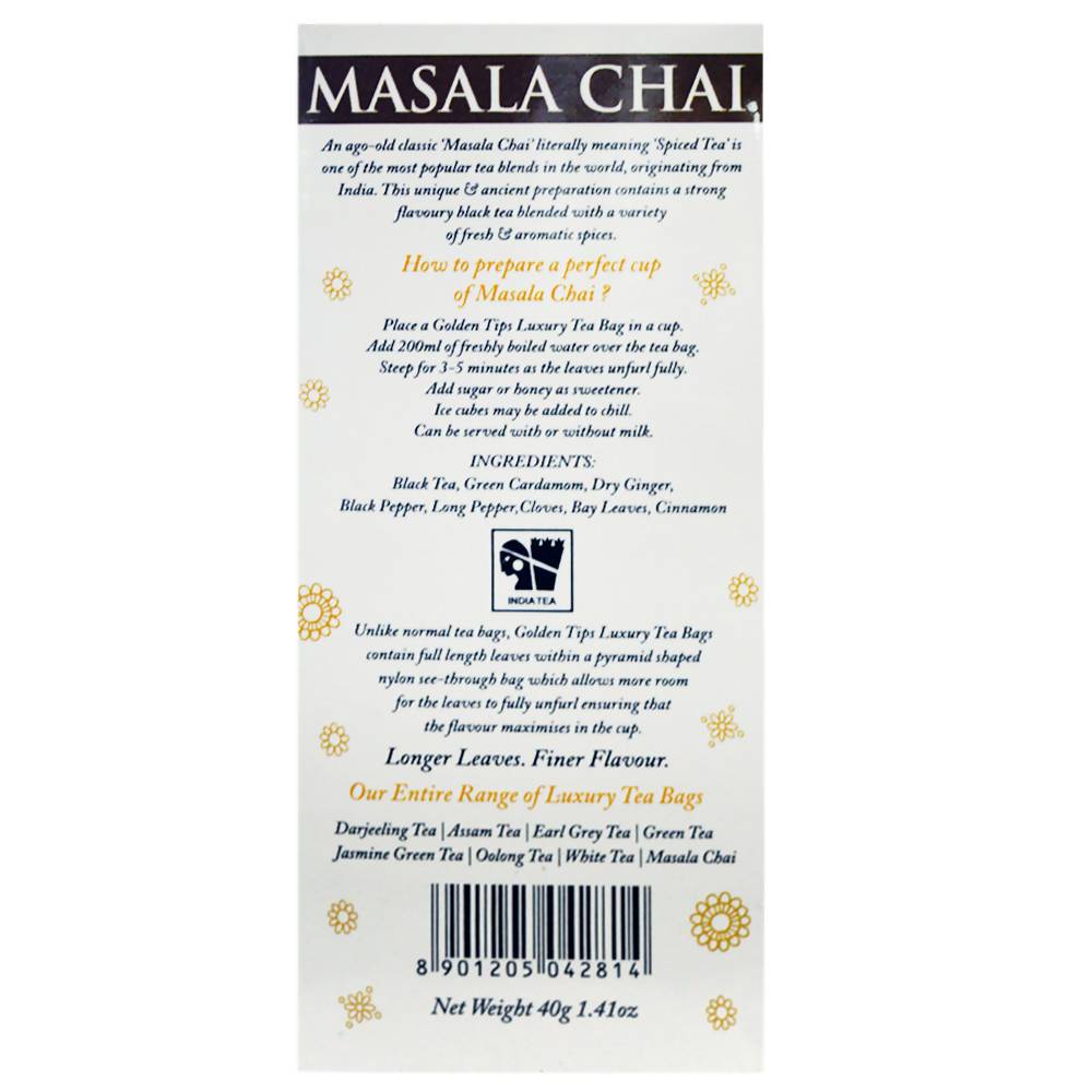Golden Tips Masala Chai Full Leaf Pyramid Tea Bags | Grocsy