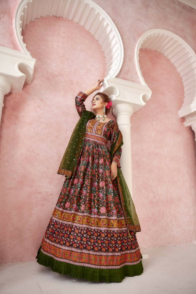 Everywhere Designer Mahendi Dola Silk Gown With Dupatta - Anbazaar | Grocsy
