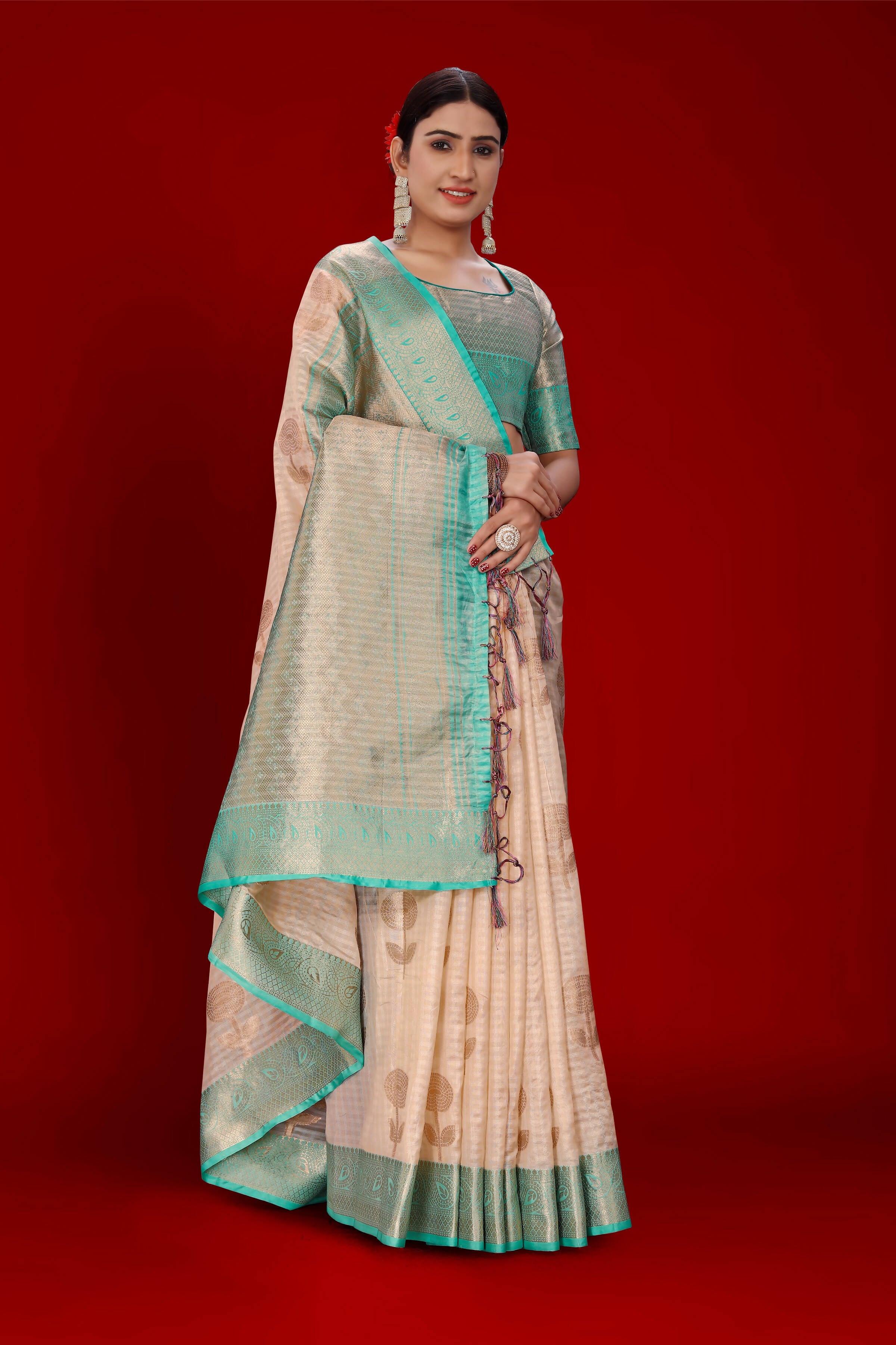 Peach Soft Organza Woven Design Saree With Unstitched Blouse Piece - Zaara | Grocsy