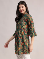 Aavyora Women's Ethnic Floral Printed Tunic - Green with Red & Gold Accents, Pin-Tucked Front, and Flared Hem | Grocsy