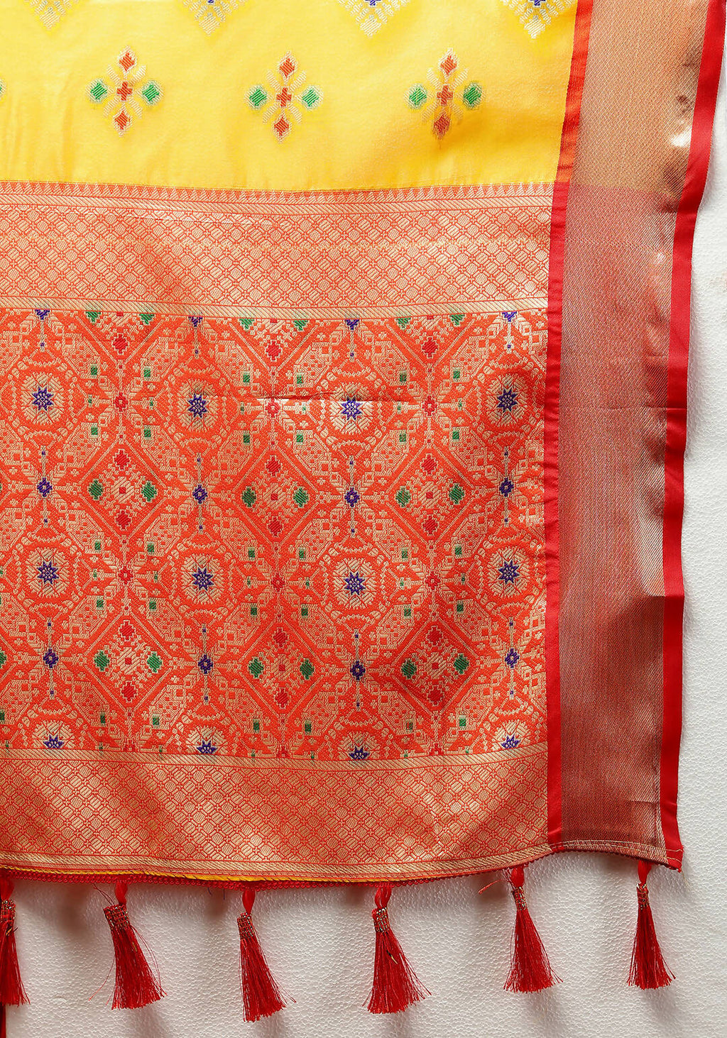 Lorenvalley Fashion Yellow Organza Silk Woven Design with Meenakari Weaving Saree | Grocsy