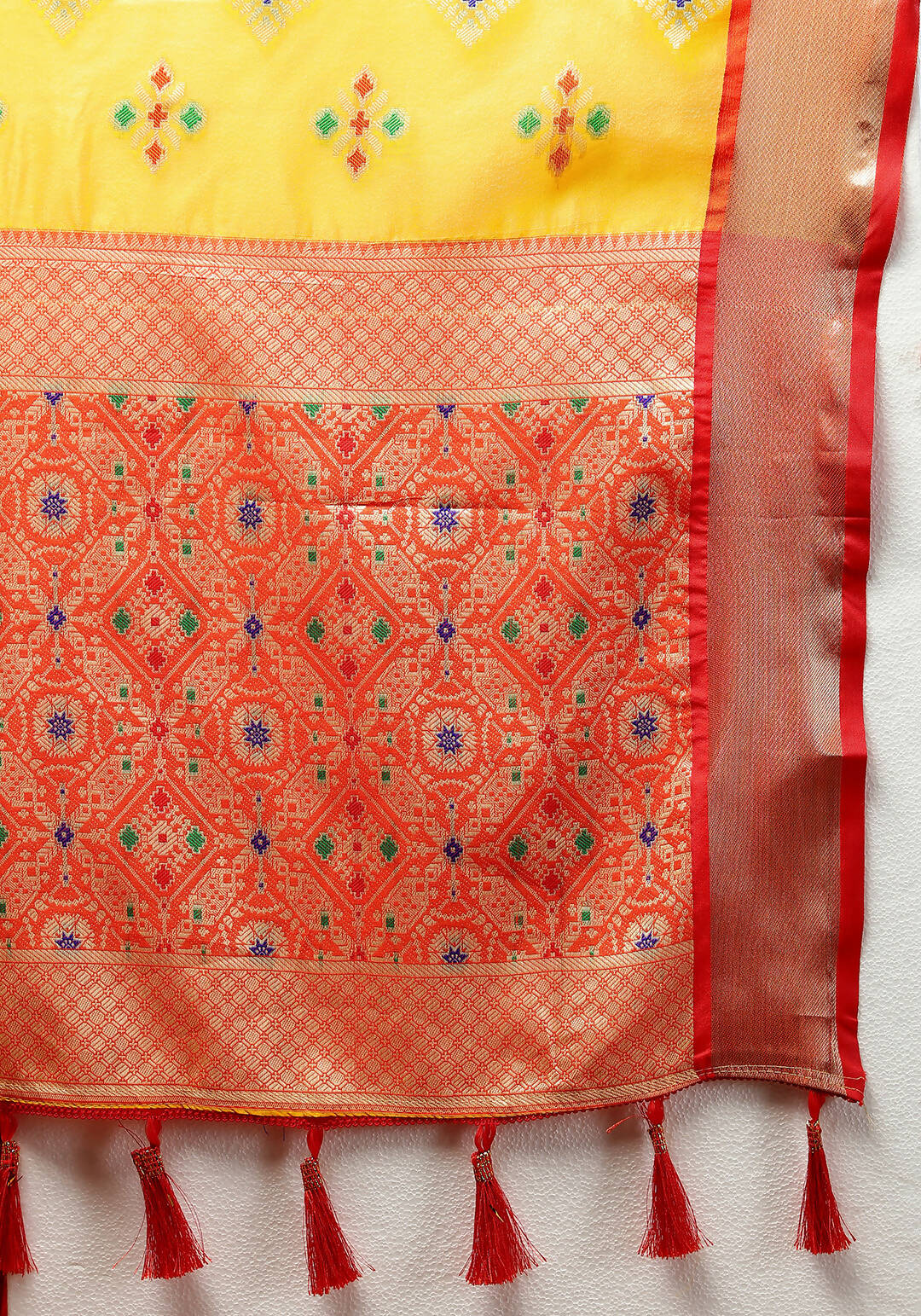 Lorenvalley Fashion Yellow Organza Silk Woven Design with Meenakari Weaving Saree | Grocsy