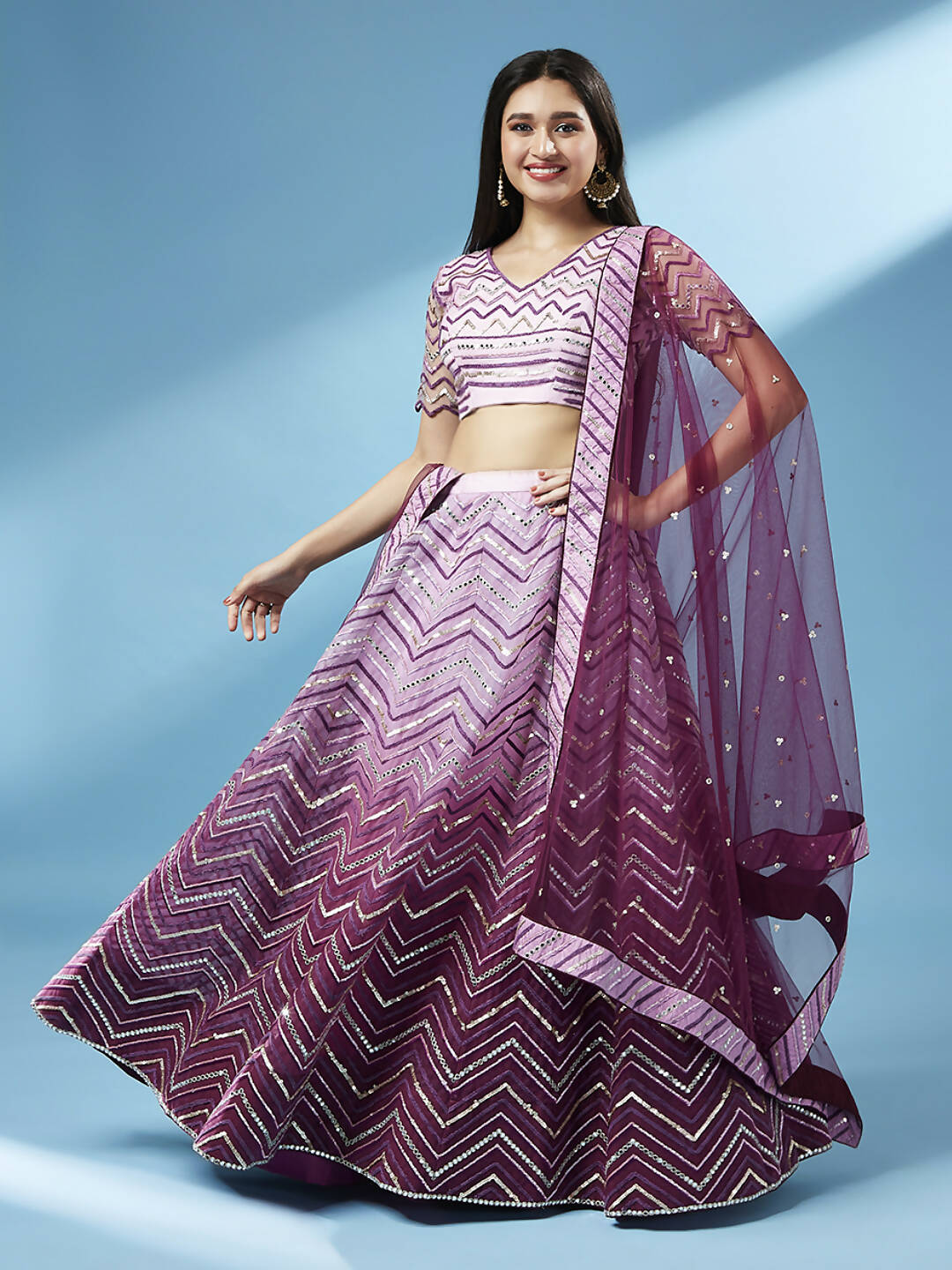 House of Panchhi Women Lavender Net Zig-Zag Embroideried Lehenga, Blouse & Dupatta | Grocsy