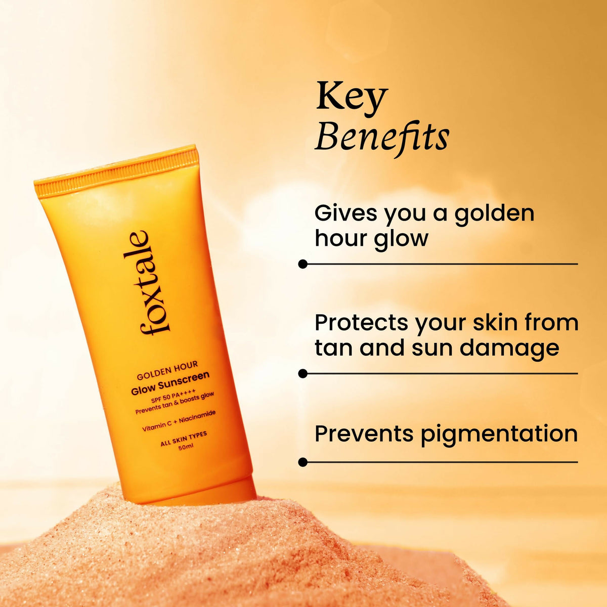 Foxtale Glow Sunscreen SPF 50 PA++++ Lightweight With Vitamin C And Niacinamide For a Dewy Glow, UVA And UVB Filters Prevents Tan | Grocsy