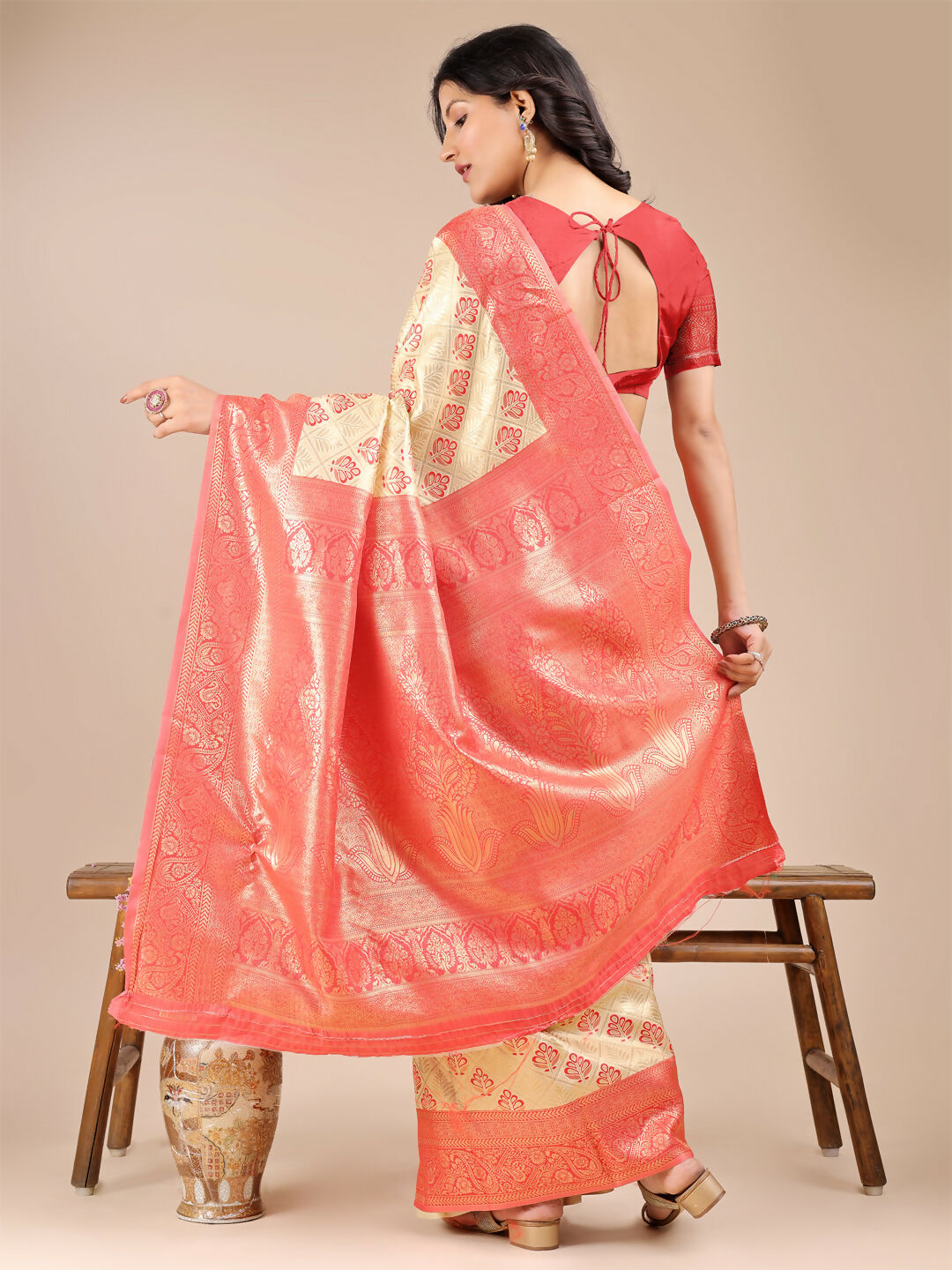 Shree Shyam Fashion Aura Silk Cream Red Banarasi Silk Saree | Grocsy