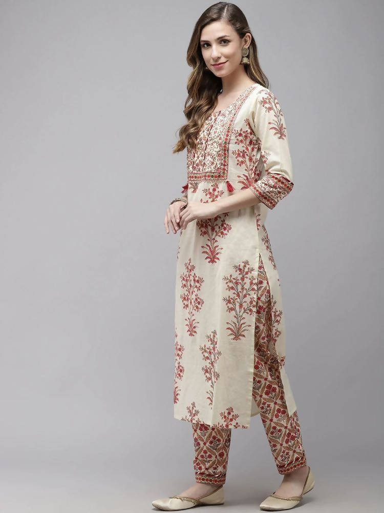 Yufta Women Off White printed Kurta with Trouser & With Dupatta | Grocsy