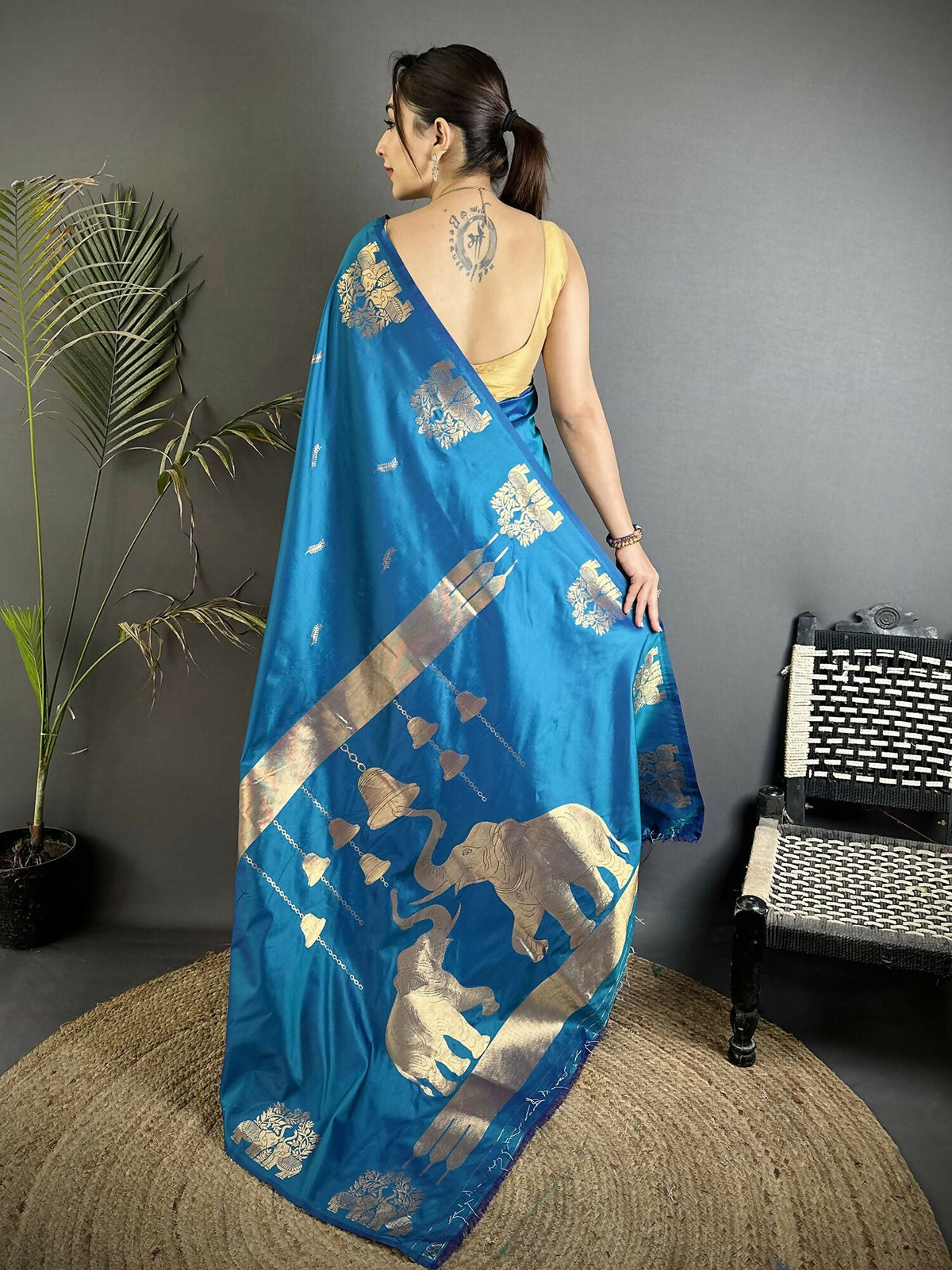 Joban Fashion Blue Motifs Zari Weaving Soft Silk Banarasi Saree | Grocsy
