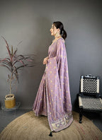 Elora Lavender Vichitra Silk Animal Motifs Foil Print Sequence Embroidery Work Bandhani Saree | Grocsy