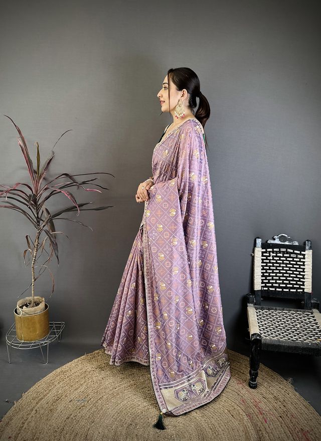 Elora Lavender Vichitra Silk Animal Motifs Foil Print Sequence Embroidery Work Bandhani Saree | Grocsy