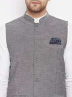 Even Apparels Grey Merino Men's Nehru Jacket-Contrast Lining-Free Pocket Square PW690 | Grocsy