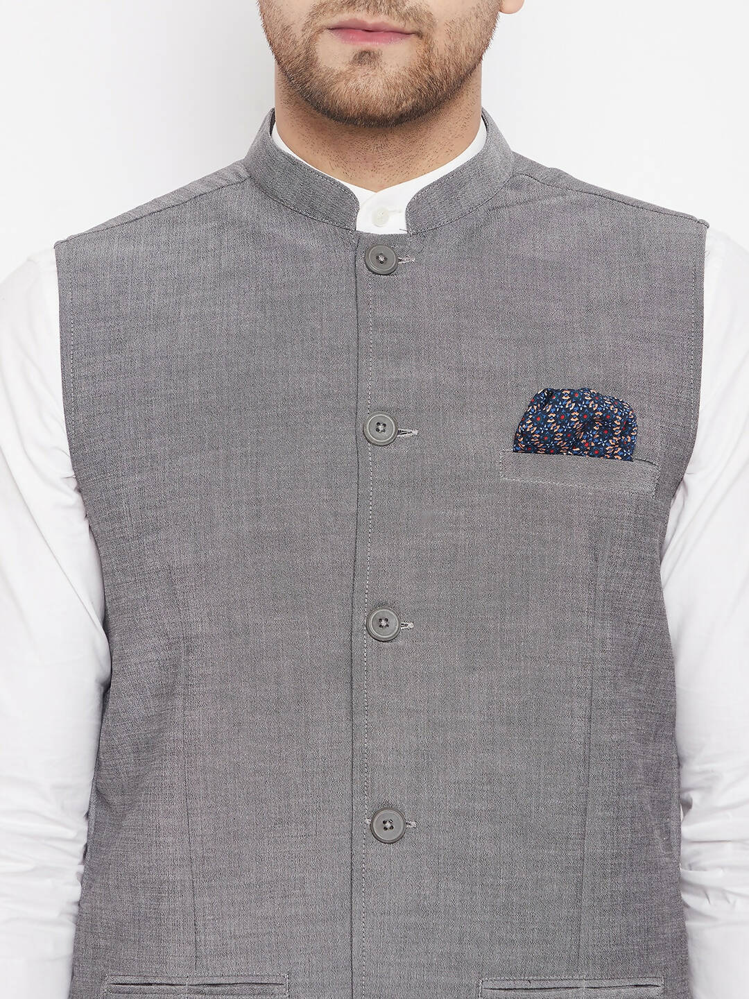 Even Apparels Grey Merino Men's Nehru Jacket-Contrast Lining-Free Pocket Square PW690 | Grocsy