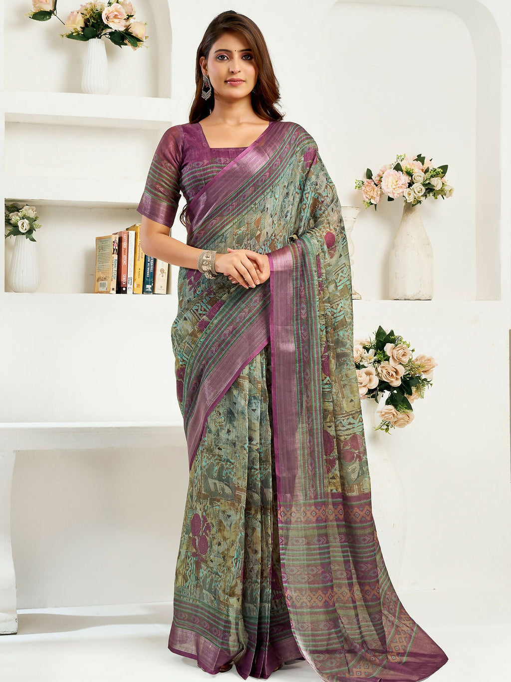 Joban Fashion Multicoloured Ikkat & Floral Linen Ready To Wear Saree With Unstitched Blouse | Grocsy