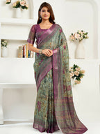 Joban Fashion Multicoloured Ikkat & Floral Linen Ready To Wear Saree With Unstitched Blouse | Grocsy
