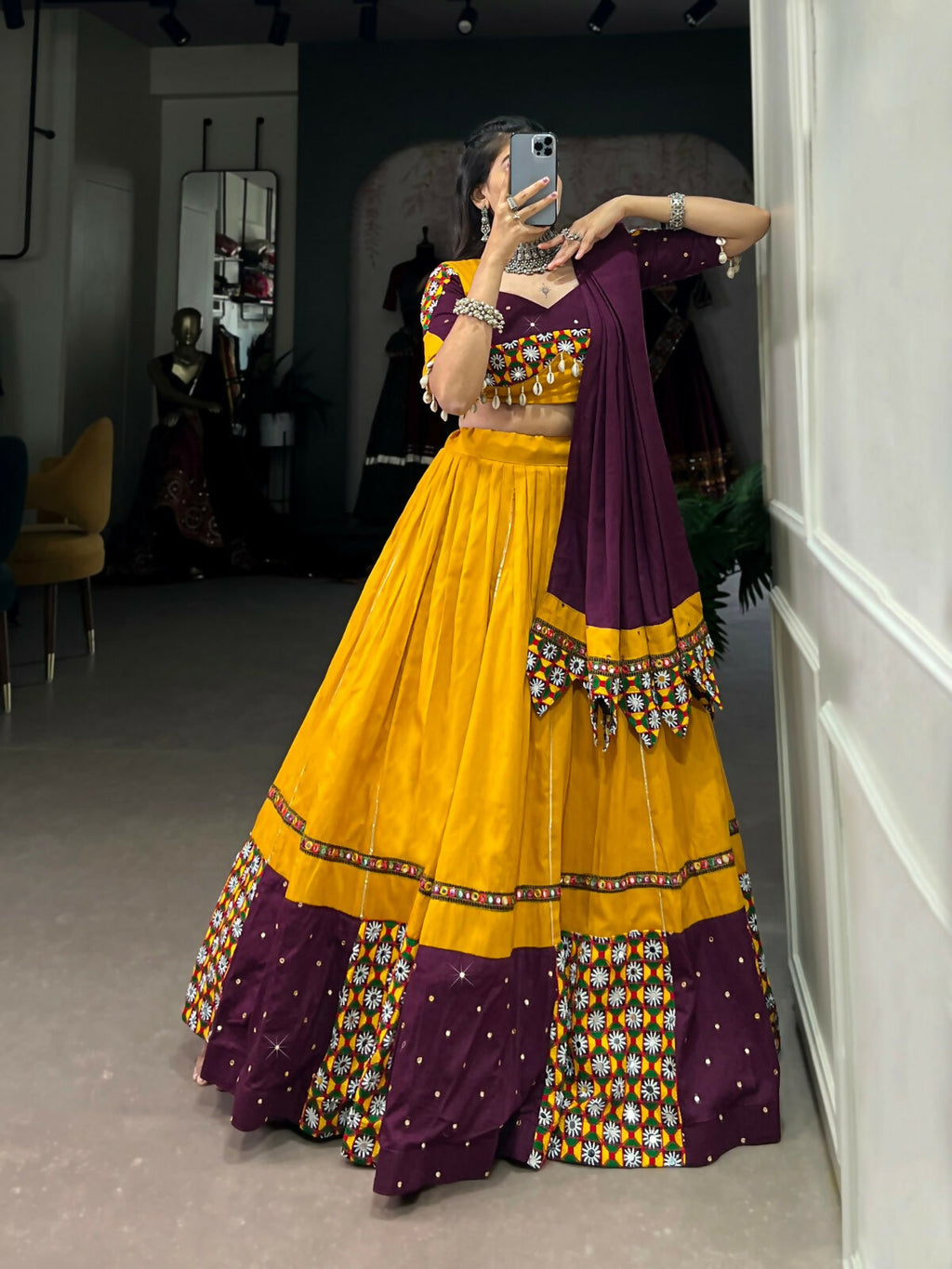 Vastranavya Navaratri Special Pure Cotton Paper Mirror Handwork With Gamthi Work With Gota Patti Touch Up Lehenga with Stitched Blouse - Mustard | Grocsy