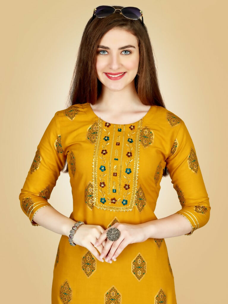 Jyoti Fashion Women's Yellow Viscose Rayon Embroidered Kurta Pant Set | Grocsy