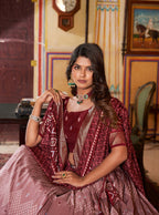 Vastranavya Occasionaly Tussar Silk Dot And Ikkat Print With Foil Work Lehenga Choli - Maroon | Grocsy