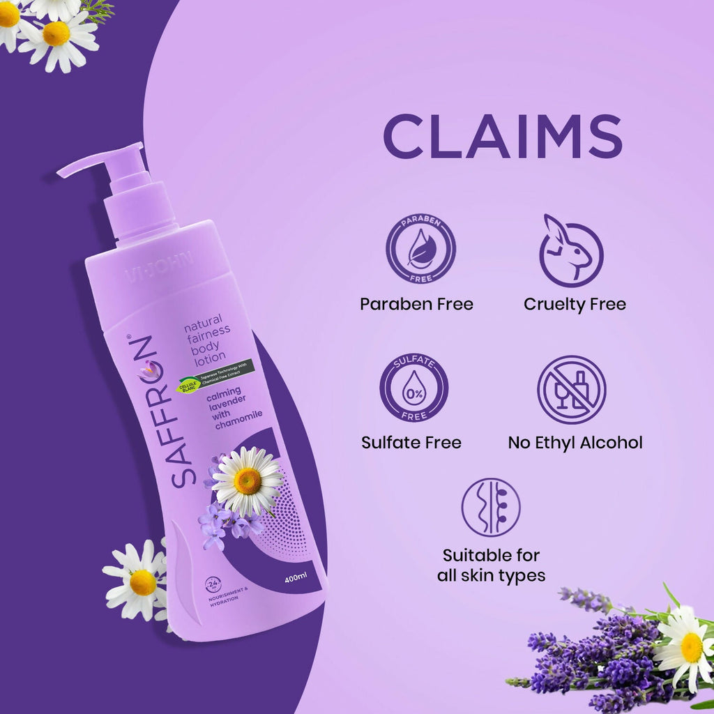 VI-JOHN Saffron Natural Fairness Body Lotion Calming Lavender with Chamomile Natural Moisturiser For Soft, Even-Toned & Radiant Skin Suitable for All Skin Types | Grocsy