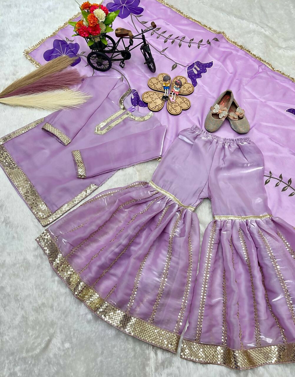 Teeya Creation New Kids Trendy Heavy Embroidery Sequence Work Kurta Set - Purple | Grocsy