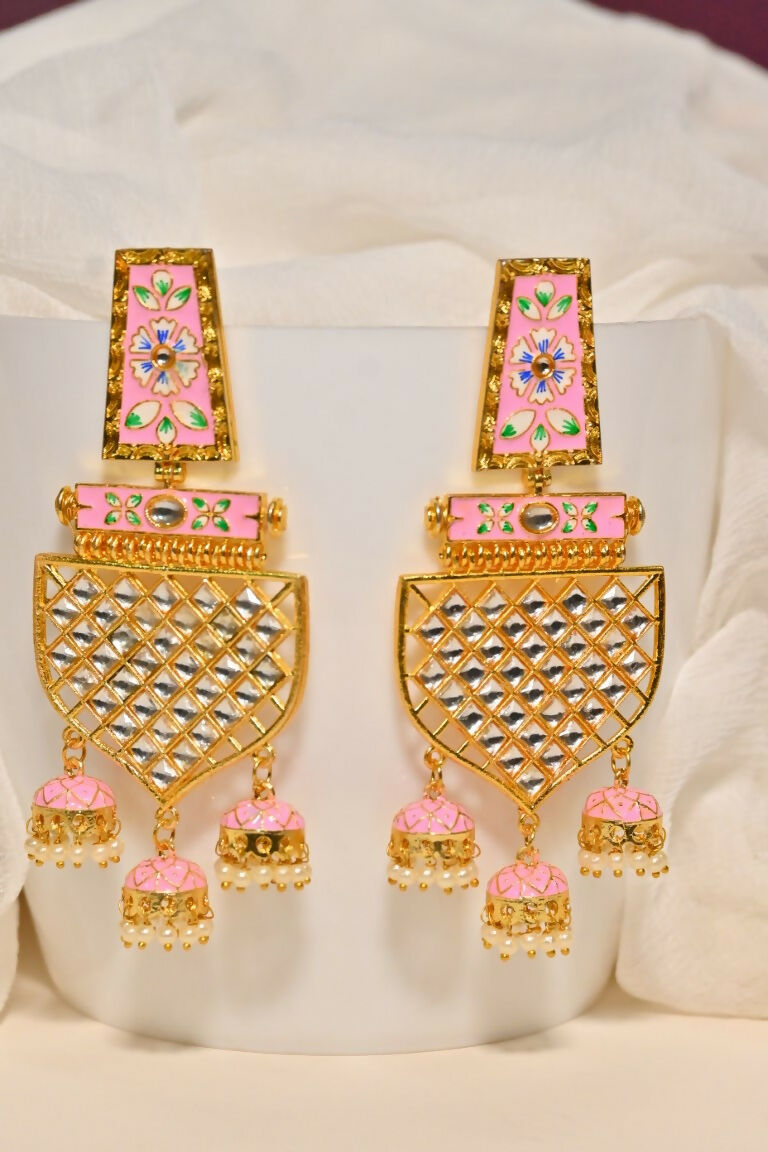 Pink Traditional Gold-Polished Meenakari Jhumka Jhumki Earrings Indian Jewellery For Women Girls By House of Ree - Swadesiicart