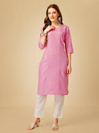 Jyoti Fashion Women's Pink Cotton Blend Embroidered Kurta Pant Set | Grocsy