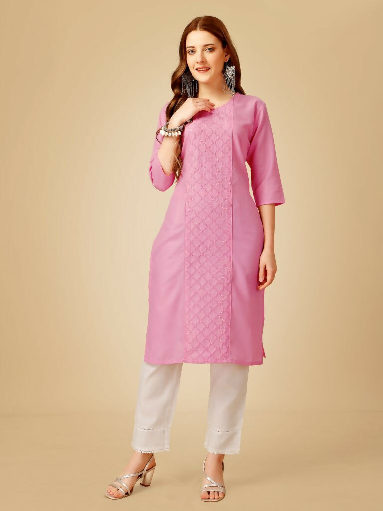 Jyoti Fashion Women's Pink Cotton Blend Embroidered Kurta Pant Set | Grocsy