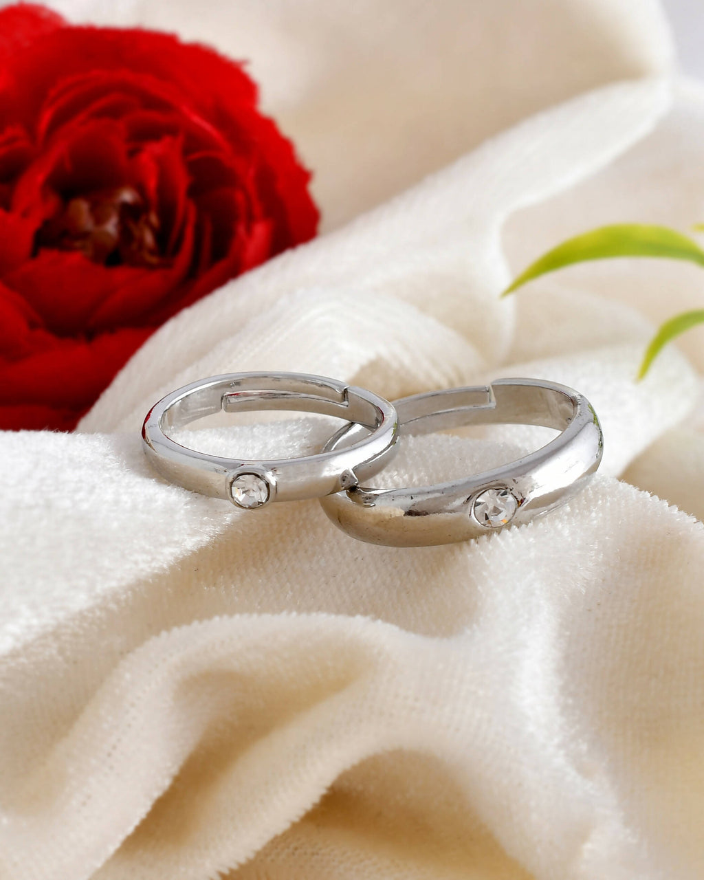 VOJ Stainless Steel Cubic Zirconia Silver Plated Adjustable Ring Set for Couple | Grocsy
