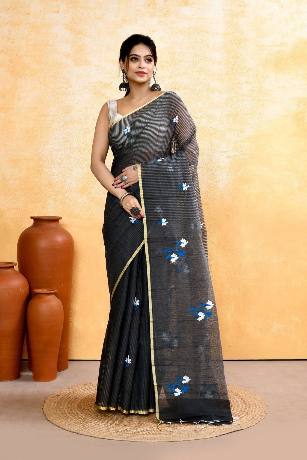 Piyari Fashion Women's Grey Embellished Cotton Blend Embroidery Saree | Grocsy