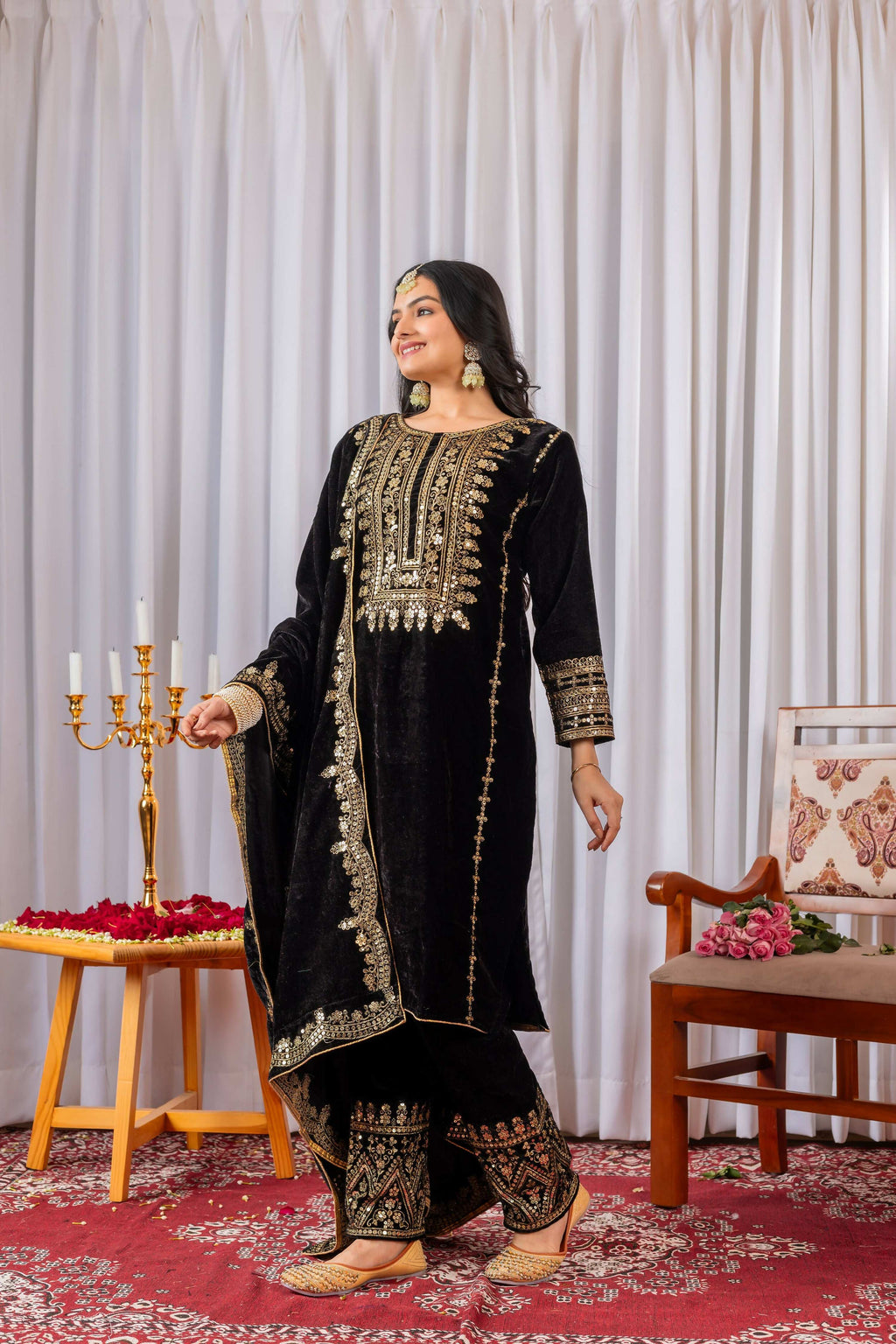 Teeya Creation Black Color Velvet Designer Embroidery Work party Wear Suit | Grocsy
