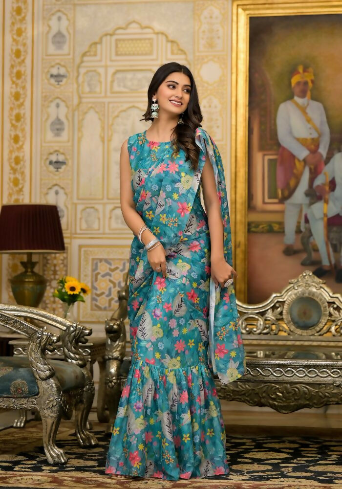Partywear Designer Teal Slime Georgette Fancy Saree - Anbazaar | Grocsy