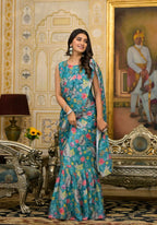 Partywear Designer Teal Slime Georgette Fancy Saree - Anbazaar | Grocsy