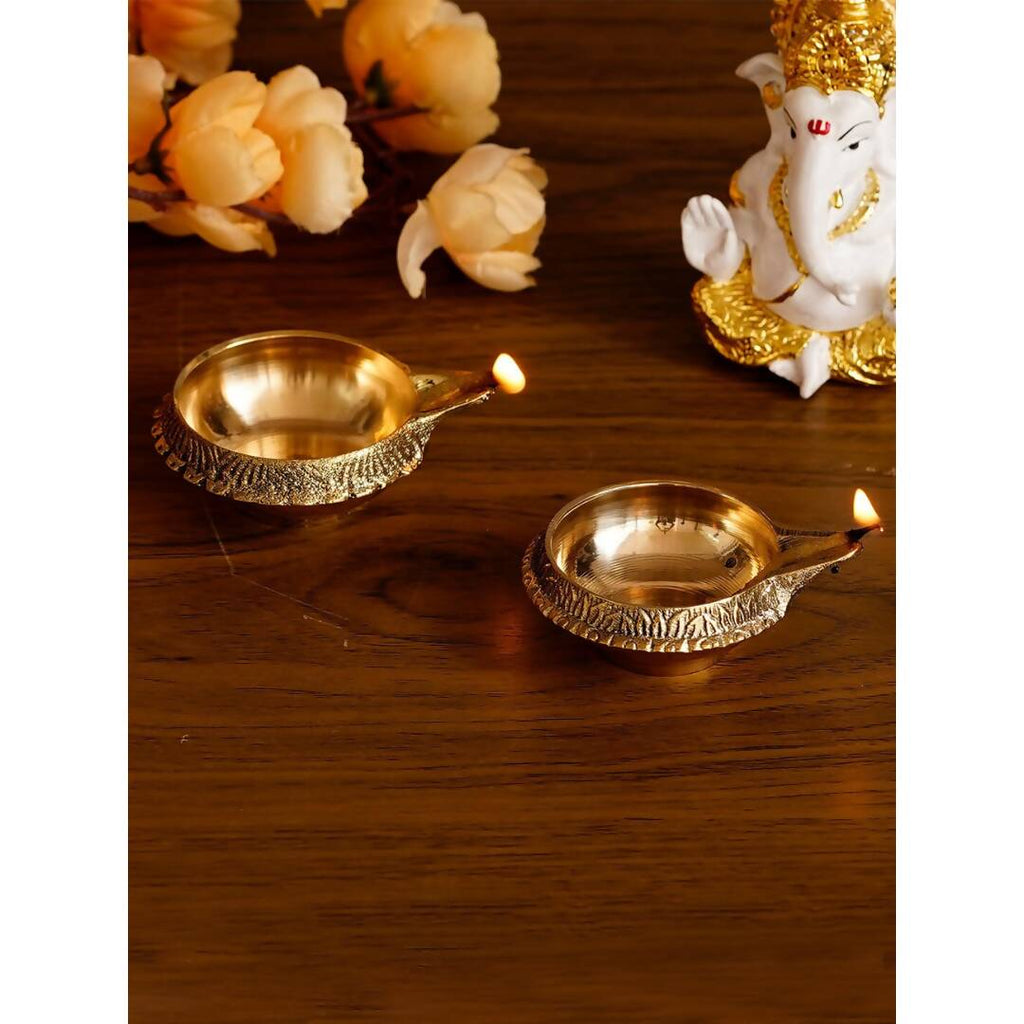 eCraftIndia Set of 2 Gold-Toned Auspicious Handcrafted Brass Diya | Grocsy