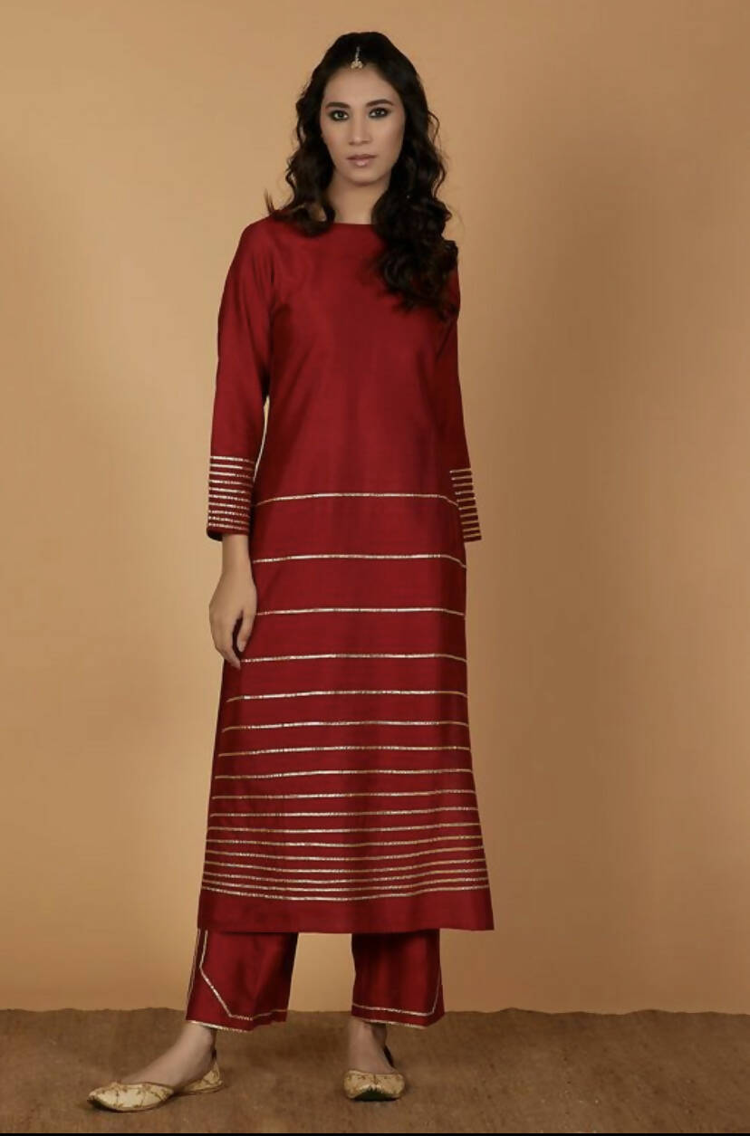 Cheera Women's Silk Blend Fancy Maroon Kurta Palazzo Set | Grocsy