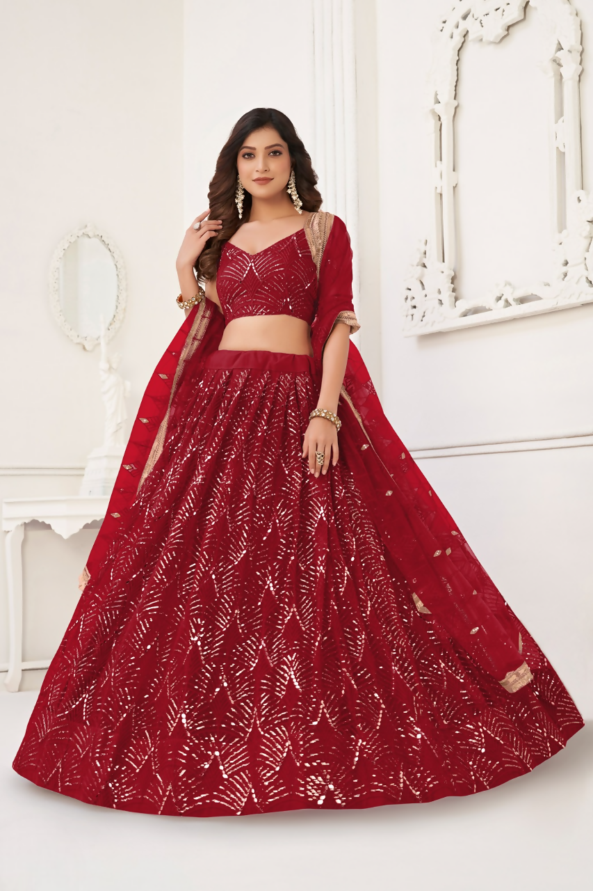 Eilara Maroon Thread Sequin Embroidered Net Lehenga Set | Grocsy