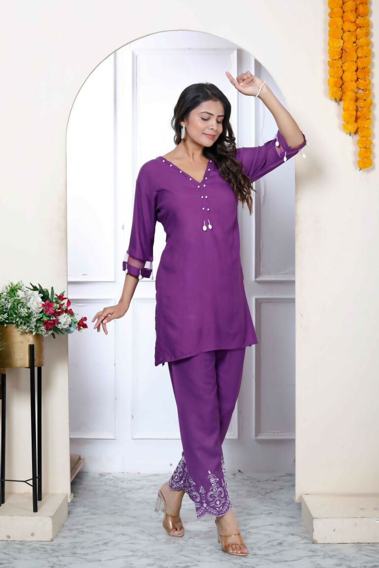 Miravan Women's Purple Solid Rayon Straight Co-Ord Set | Grocsy