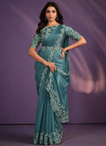 Rama Crepe Satin Silk Embroidered Saree With Stitched Blouse - Mohmanthan Exotica | Grocsy