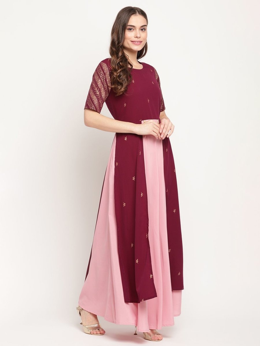 Ahalyaa Women Wine Crepe Glitter Print Dress | Grocsy