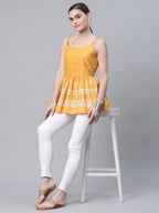 Ahalyaa Women Mustard Pure Cotton Porcian Print Shoulder Straps Tunic | Grocsy